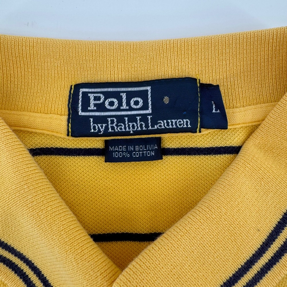 Polo Ralph Lauren Polo Shirt Men L Yellow Navy Striped Short Sleeve Cotton Pique - Picture 4 of 8